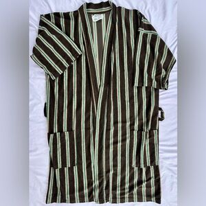 VINTAGE His n Hers Kimono Sz. XS/S - Brown Velour Robe with Green, White Stripes